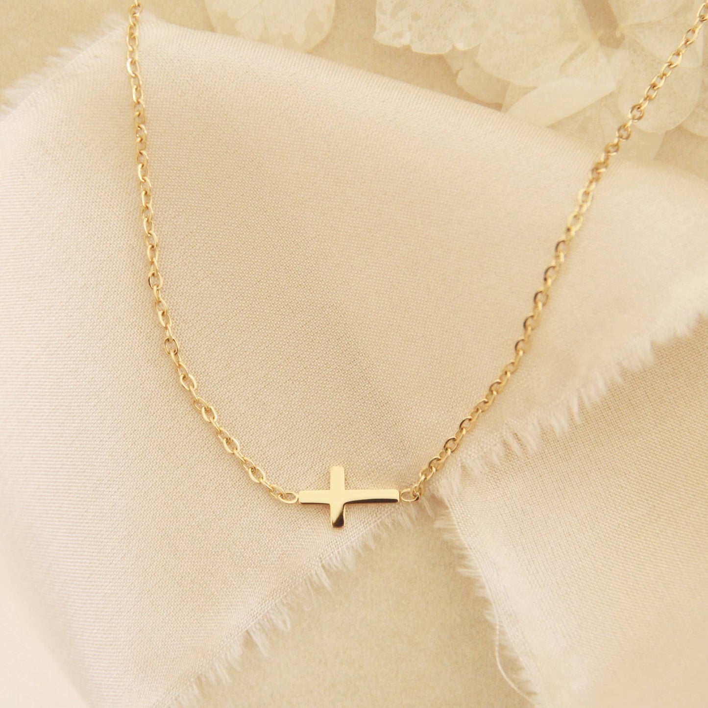 Dainty Sideways Cross Necklace (Yellow Gold)