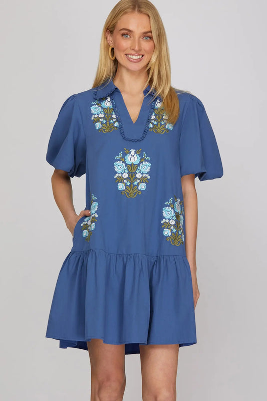 Blue Floral Embroidered Mini Dress