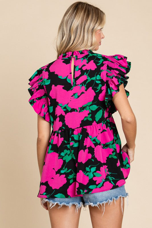 Jodifil Pink Floral Ruffled Sleeve Top