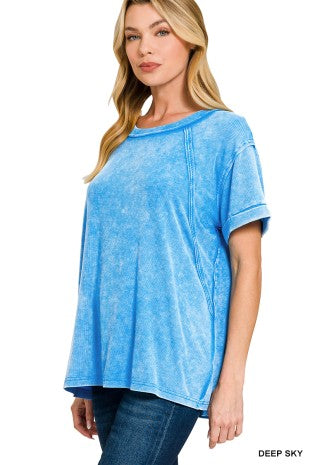 Deep Sky Blue Washed Ribbed Cuffed Short Sleeve Top