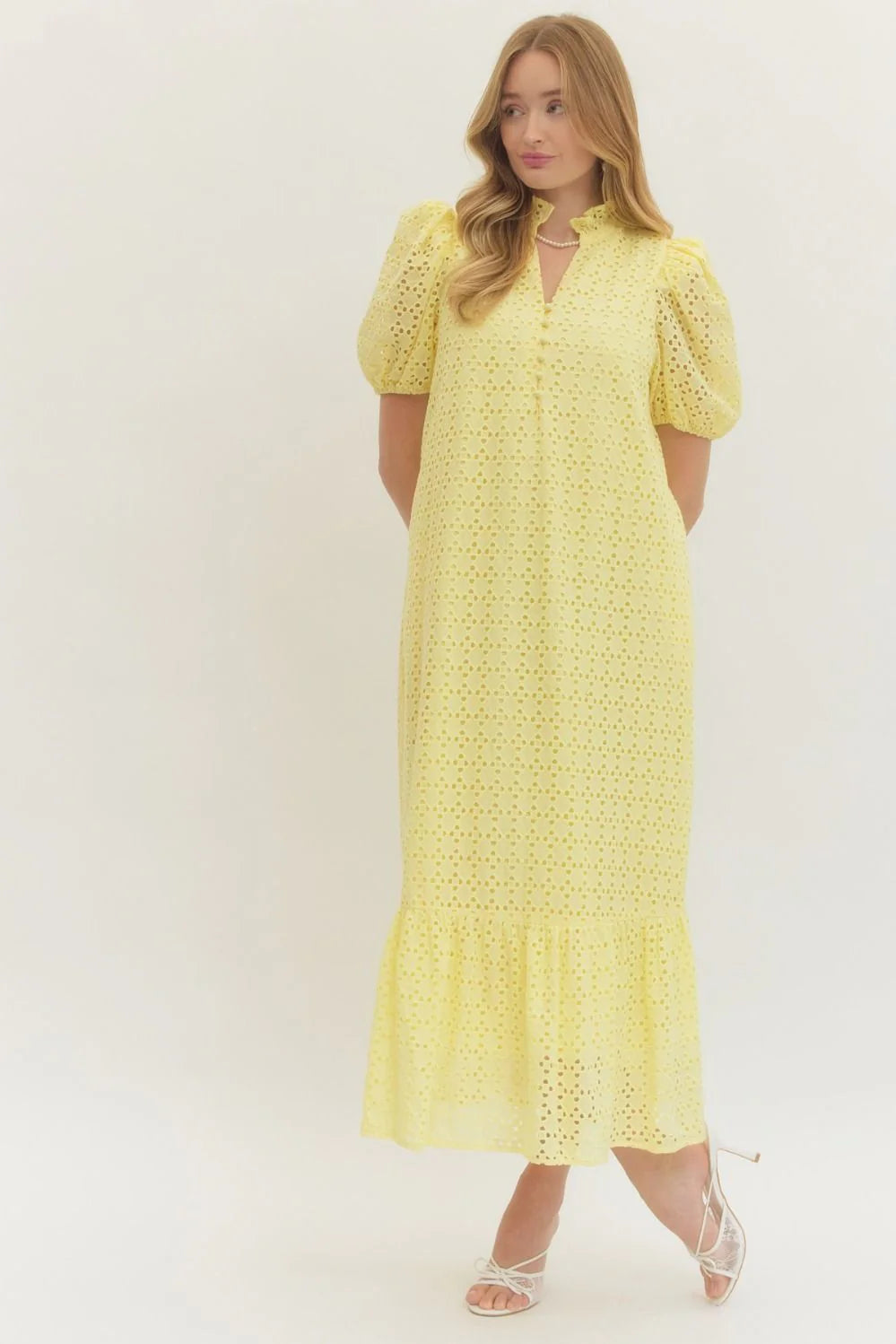 Entro Lemon Yellow Eyelet Puff Sleeve Midi Dress with Pockets