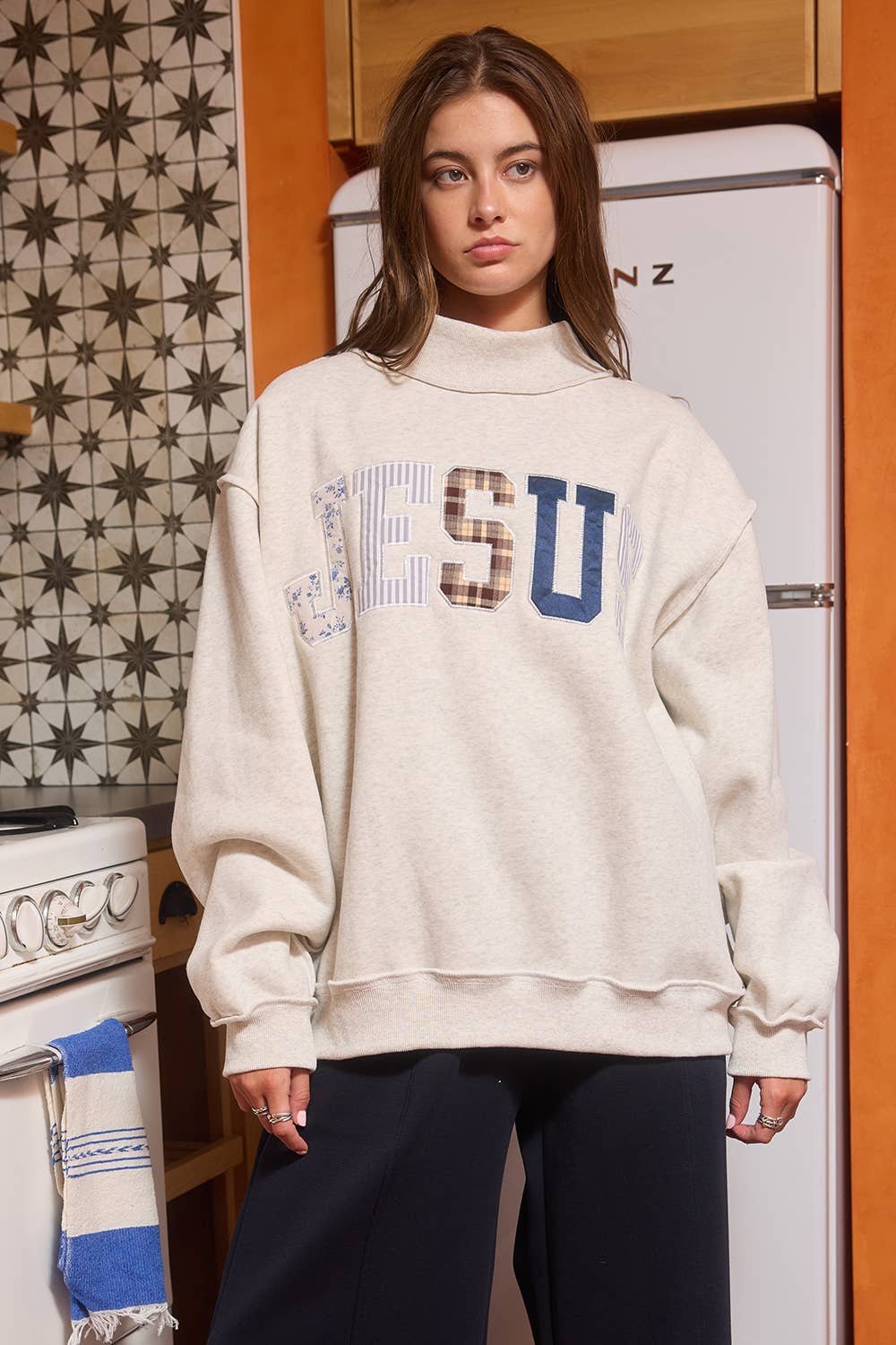 Gray Jesus Embroidered Oversized Mock-neck Sweatshirt