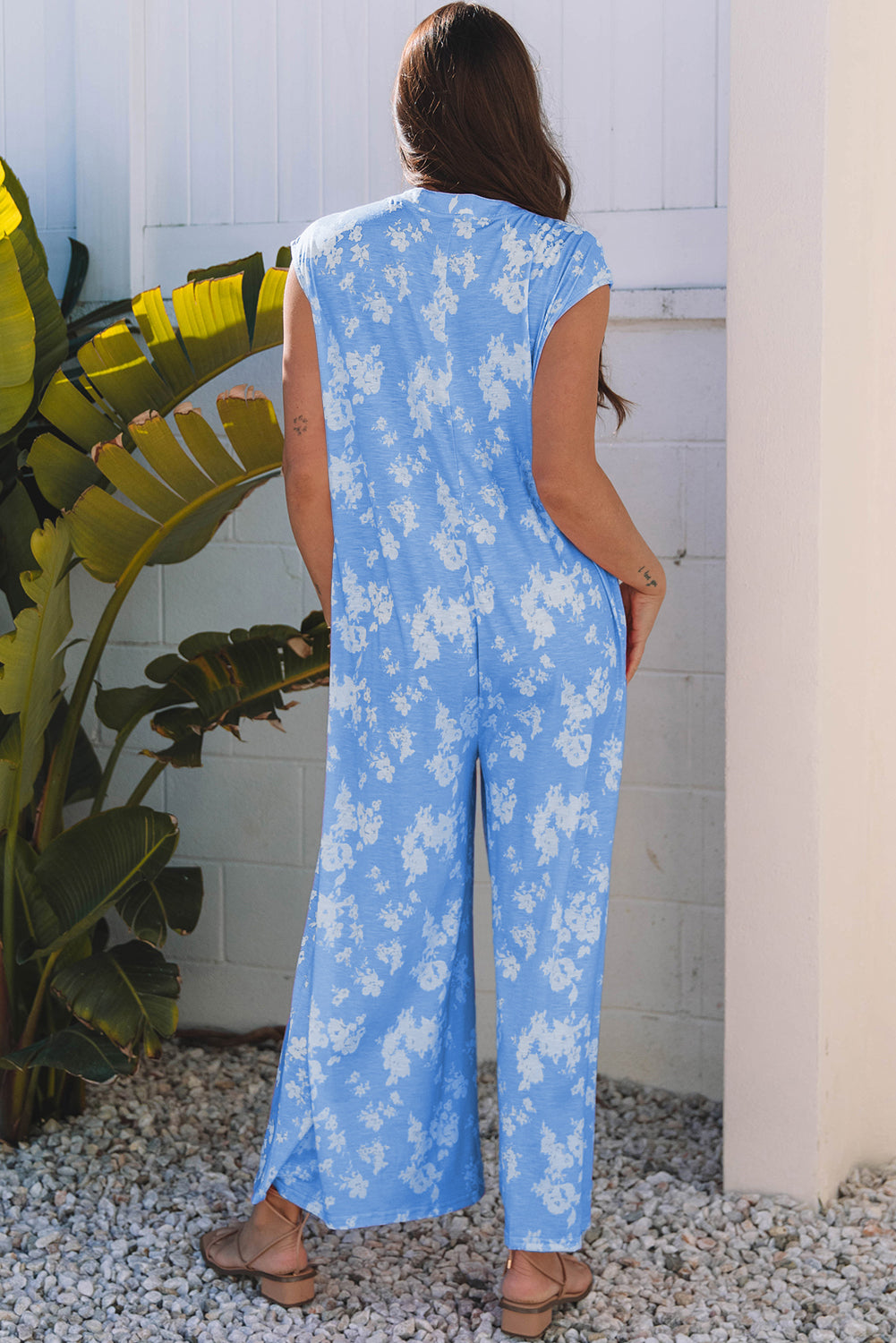 Blue Floral Print Half Button Wide Leg Relaxed Sleeveless Jumpsuit