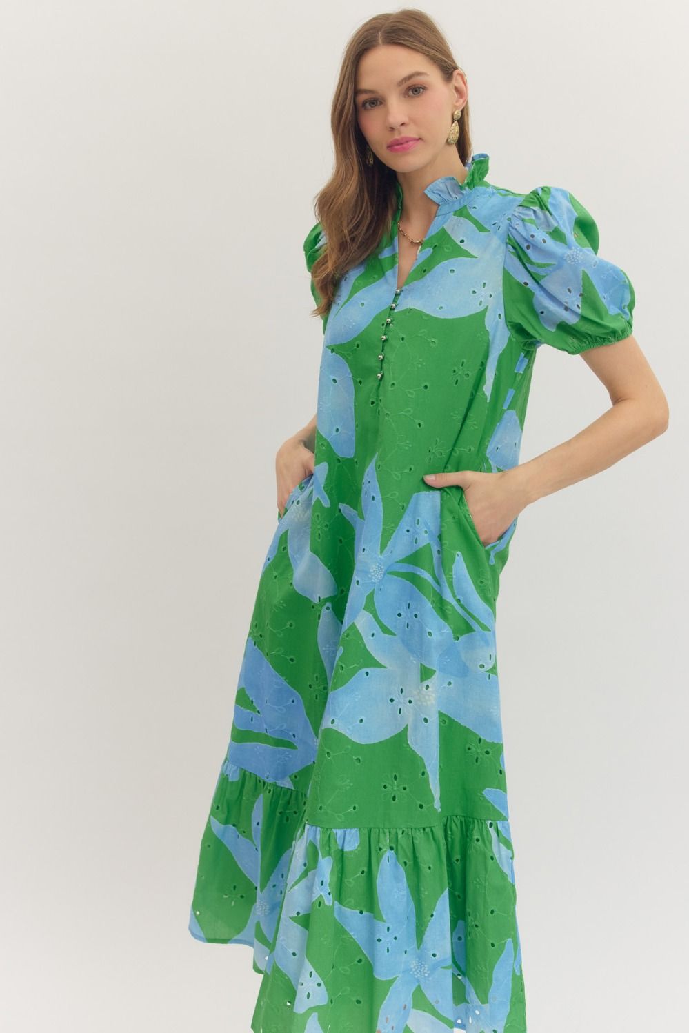Entro Green & Blue Botanical Print Eyelet Midi Dress