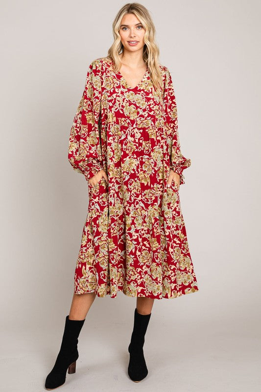 Wine Abstract Print Midi Length Dress