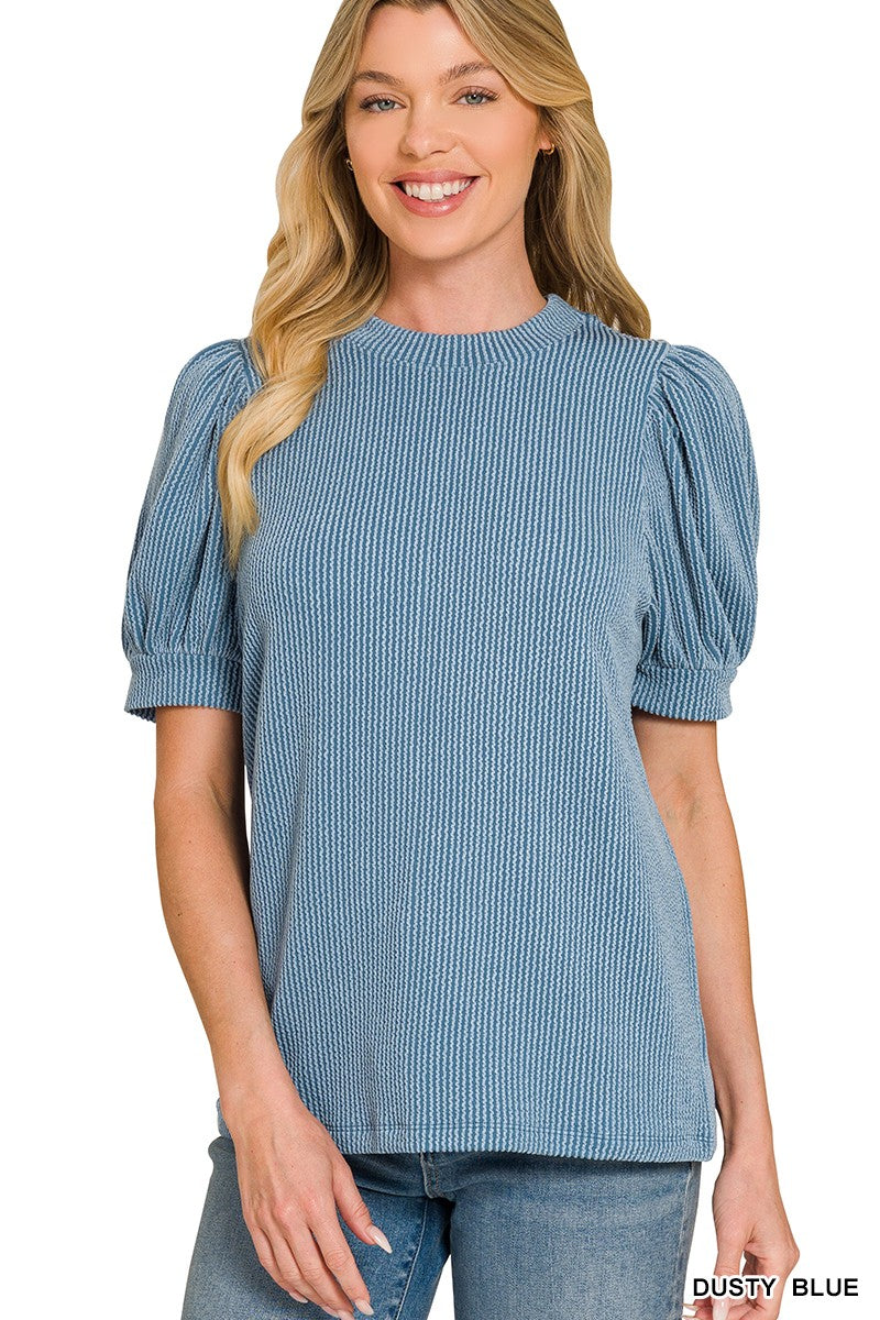 Zenana Dusty Blue Ribbed Puff Sleeve Top
