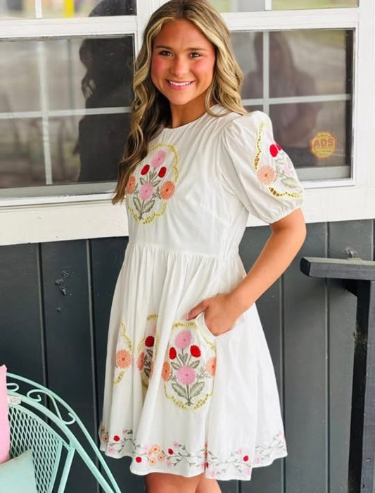 White Puff Sleeve Embroidered Floral Dress