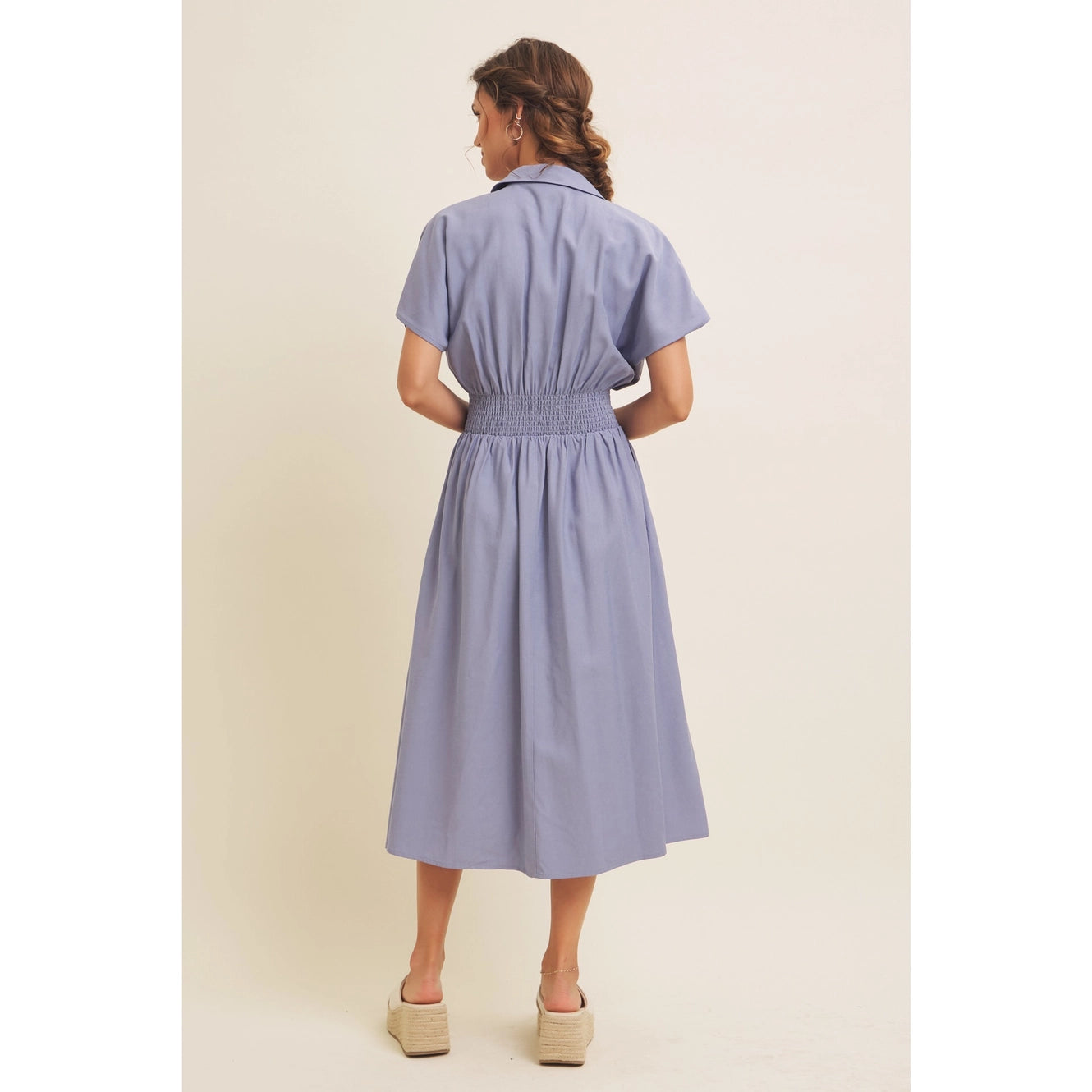 Steel Blue Pleated Midi Dress