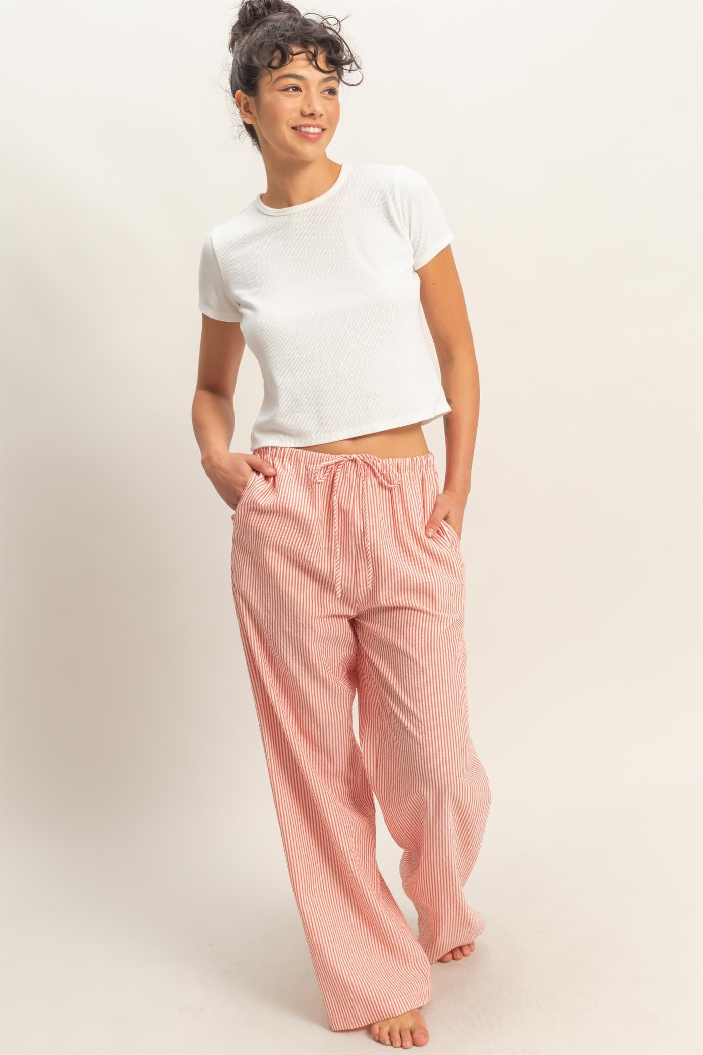 Red Stripe Cotton Wide Leg Pants