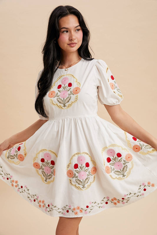 White Puff Sleeve Embroidered Floral Dress