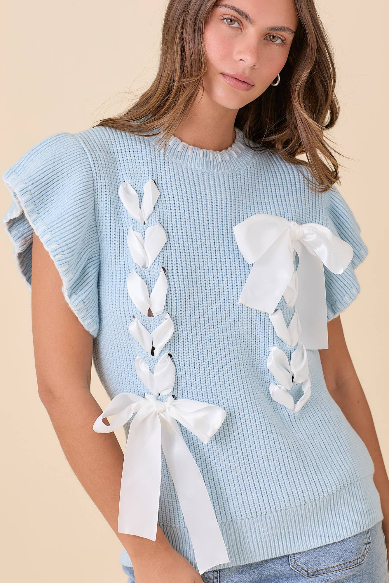 Blue Ribbon Detail Flutter Sleeve Top