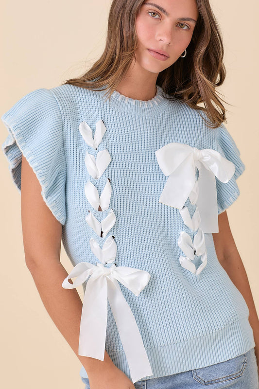 Blue Ribbon Detail Flutter Sleeve Top