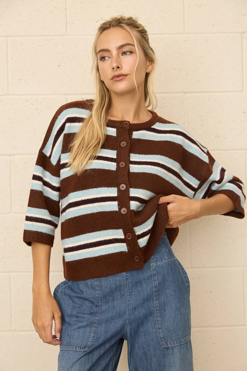DSZ0603-25 | Stripe Button Front Knit Cardigan: BROWN MULTI / L