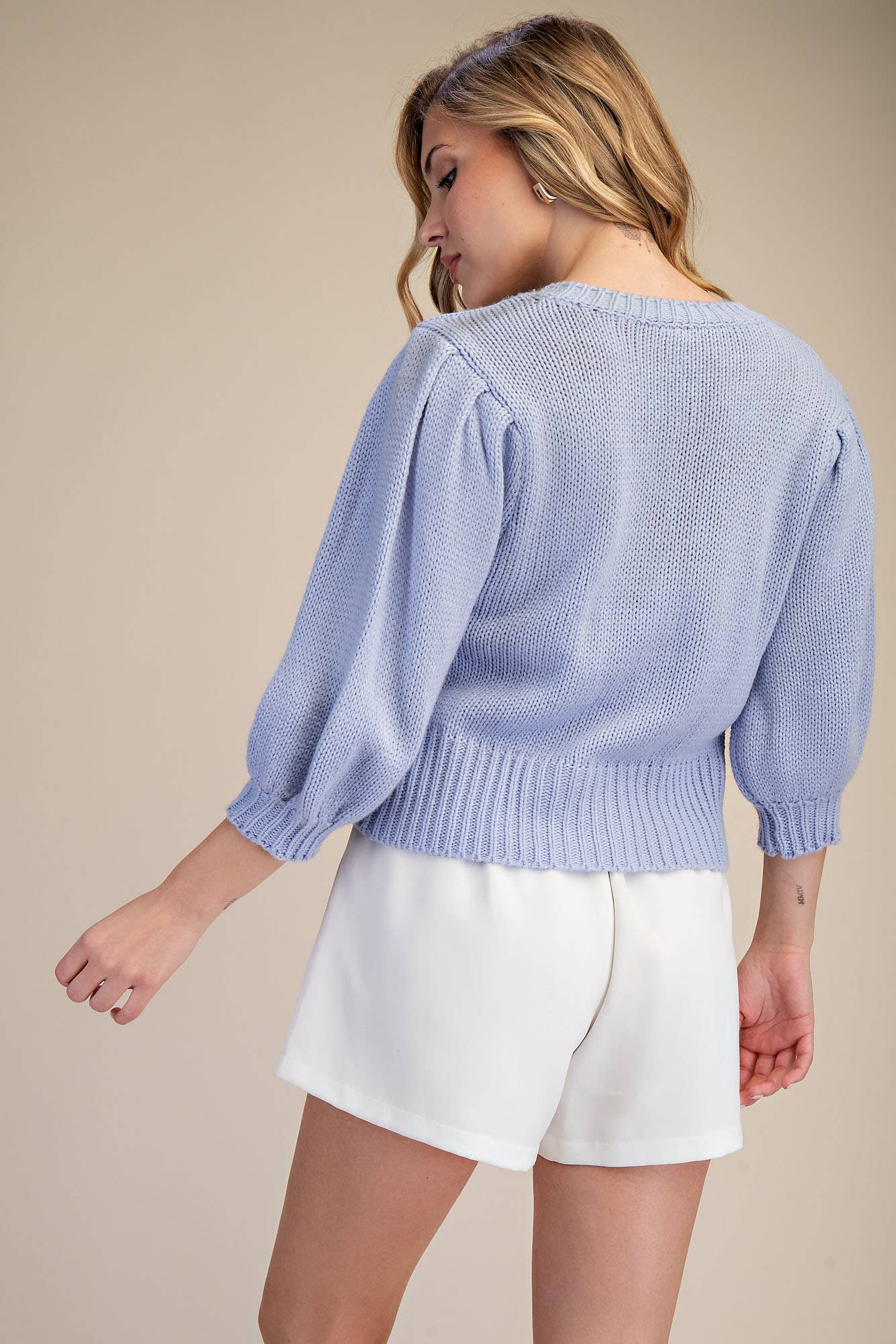 Blue Puff Sleeve Short Cardigan