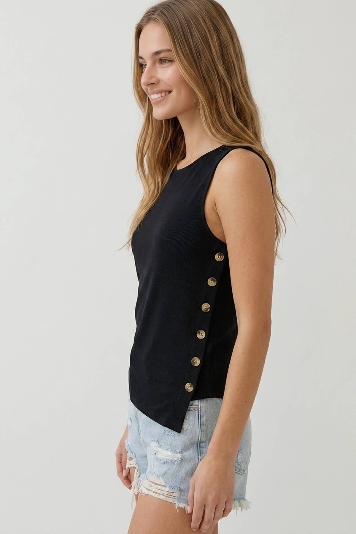 Black Cotton Blend Ribbed Asymmetrical Button Detail Boat Neck Tank Top