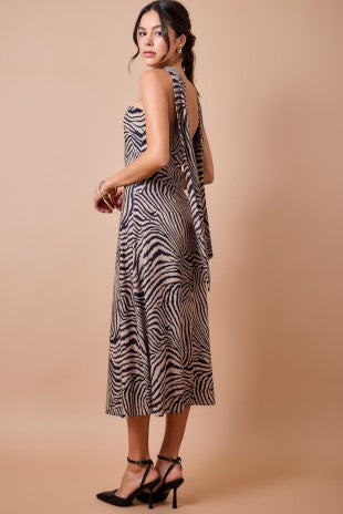 Brown and Black Strapless Tiger Print Midi Dress with Matching Scarf