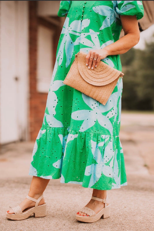 Khaki Straw Fold Over Convertible Crossover Clutch