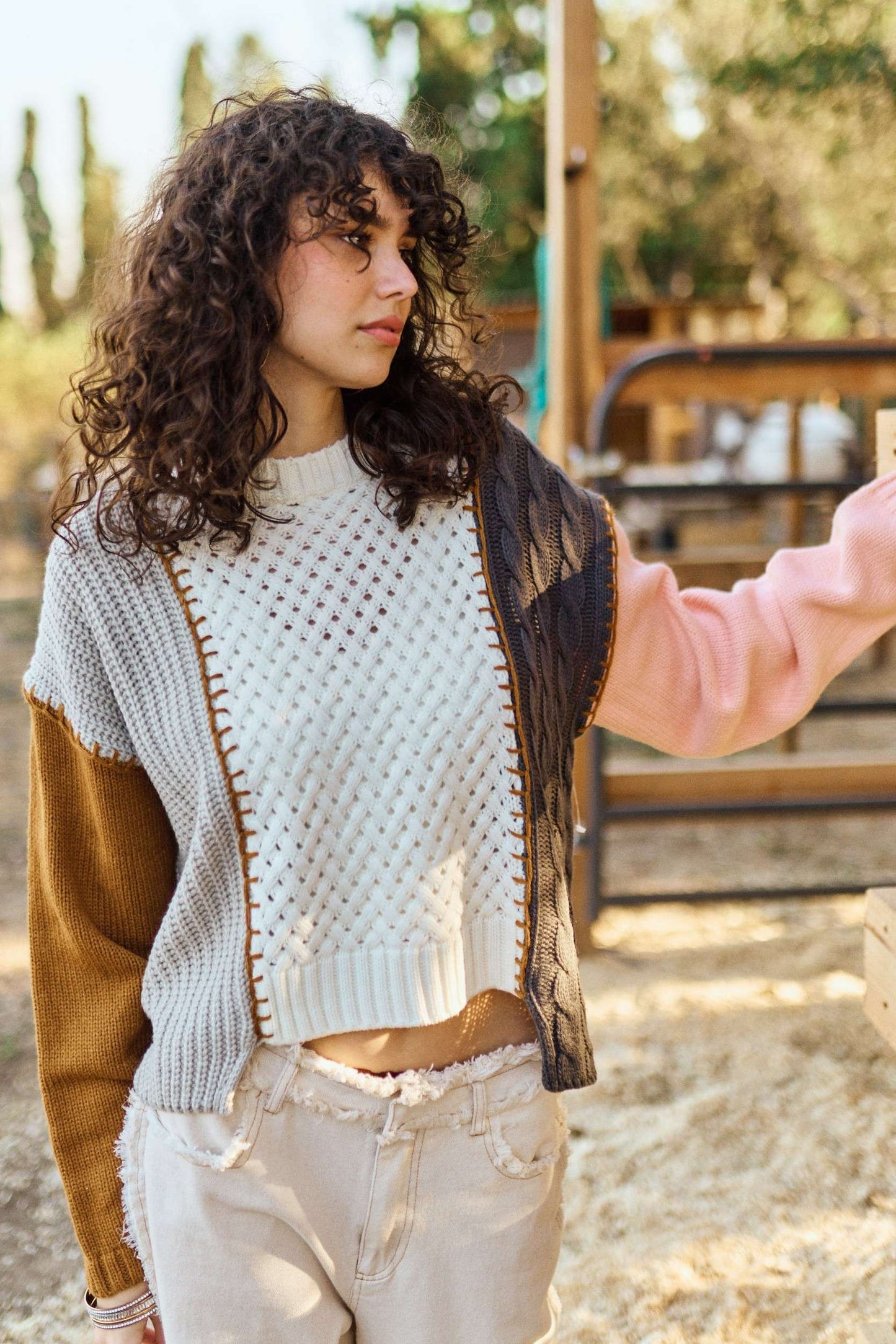 Peach Multi-fabric Colorblock Sweater