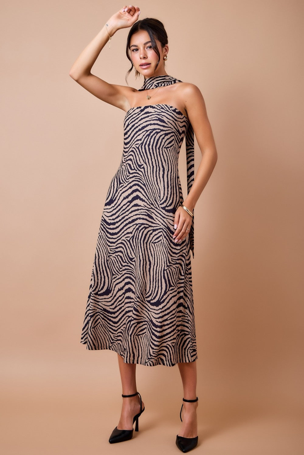 Brown and Black Strapless Tiger Print Midi Dress with Matching Scarf