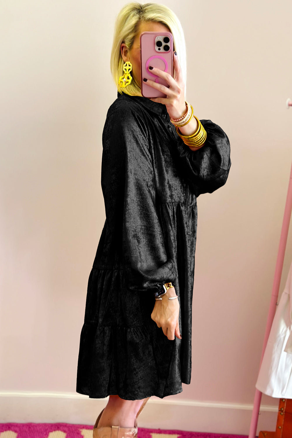Black Metallic Puff Sleeve Dress