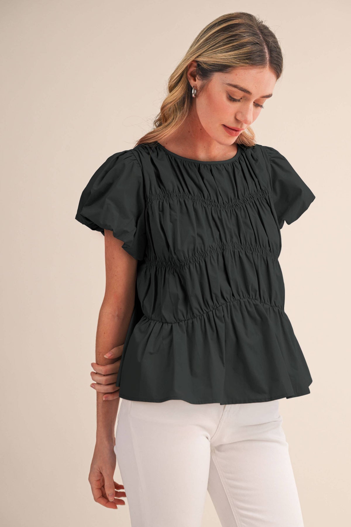 Black Cotton Smocked Panel Bubble Sleeve Top