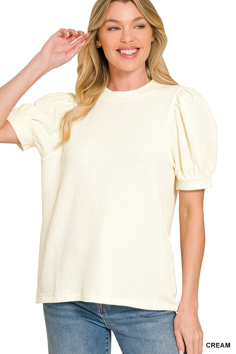 Zenana Cream Ribbed Puff Sleeve Top