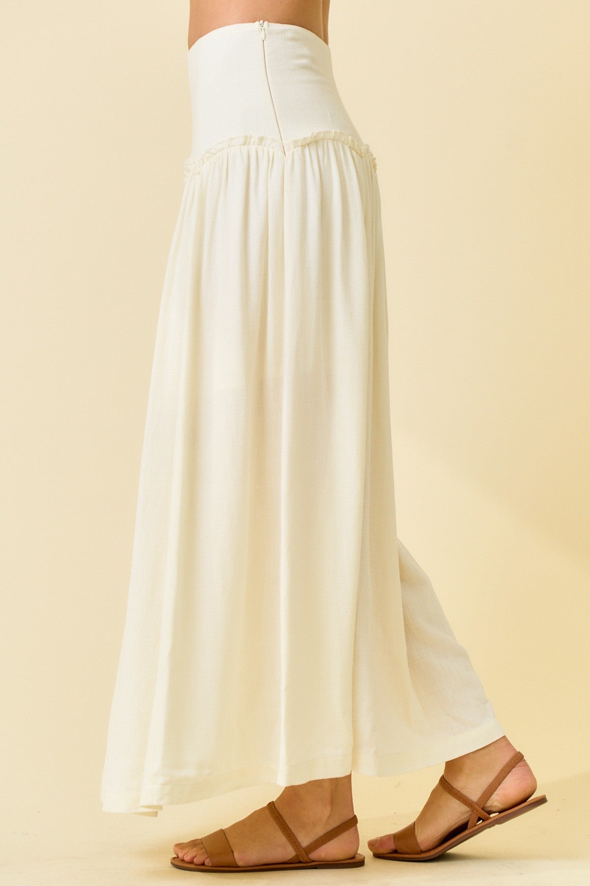 Ivory Linen Blend Scallop Drop Waist Maxi Skirt