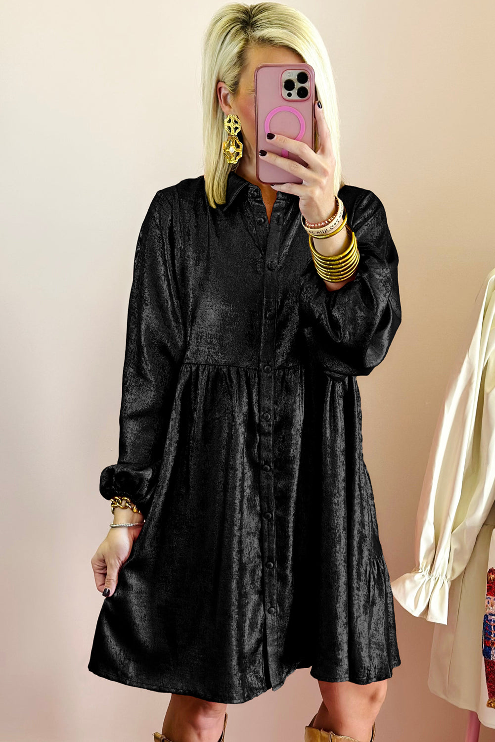 Black Metallic Puff Sleeve Dress