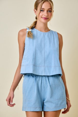 Light Denim Contrast Stitch Flowy *Top*