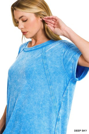 Deep Sky Blue Washed Ribbed Cuffed Short Sleeve Top