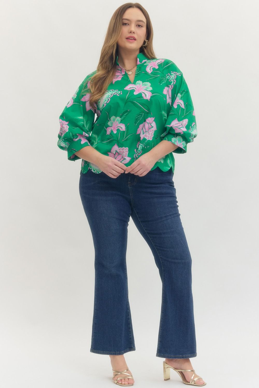 Green Floral Scalloped Top