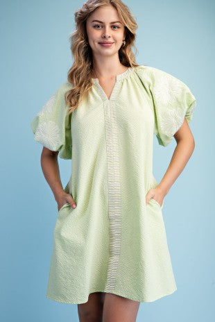 Lime Green Textured Mini Dress with White Embroidered Puff Sleeves