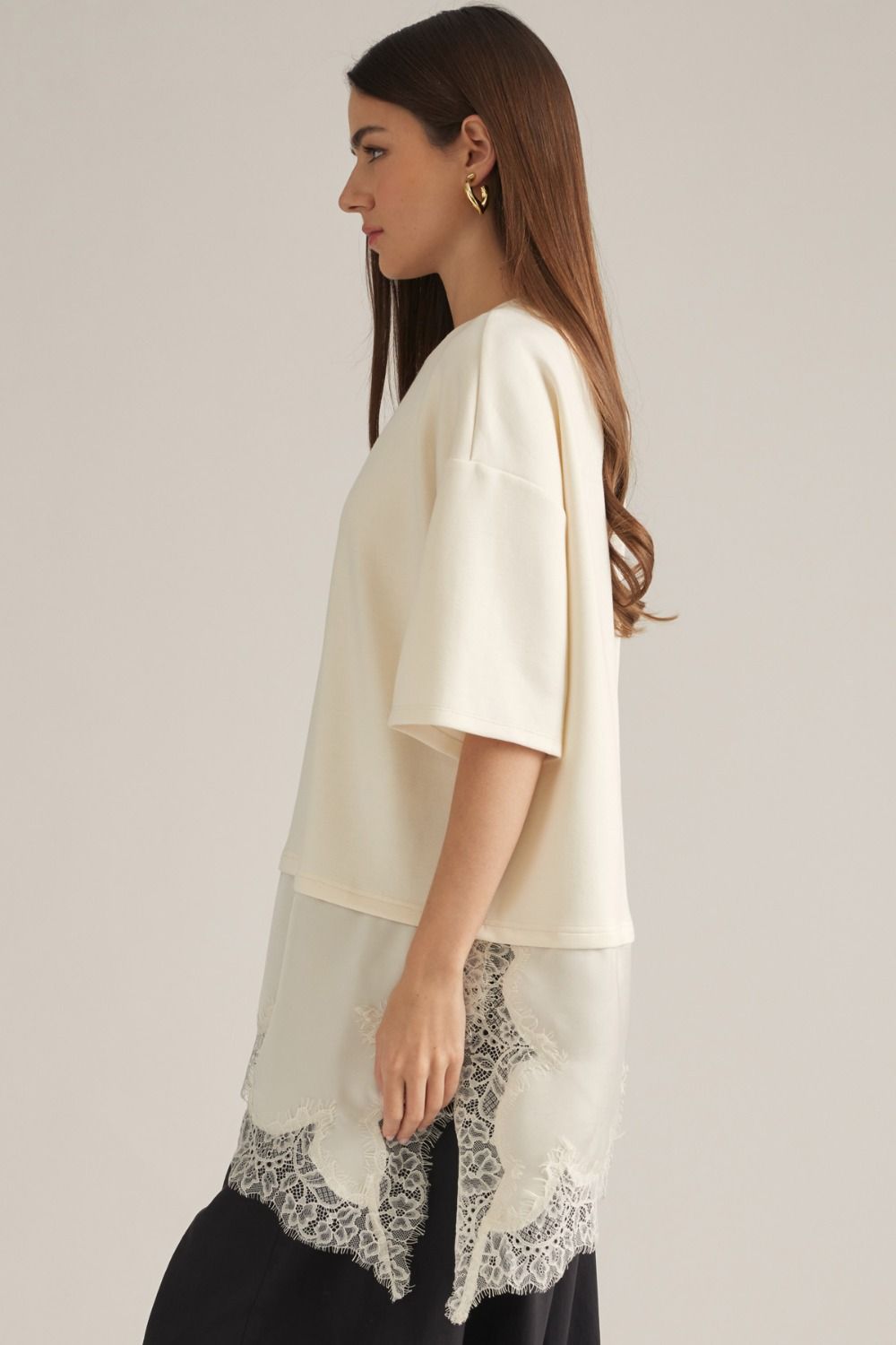 Cream Lace Trim Knit Top