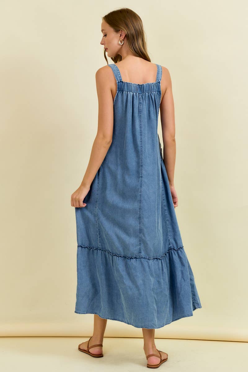 Dark Denim Maxi Overall Dress with Tiered Ruffle Detail