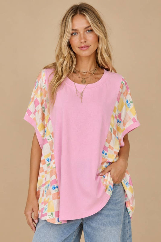 Pink Floral Mixed-Media OversizedTop