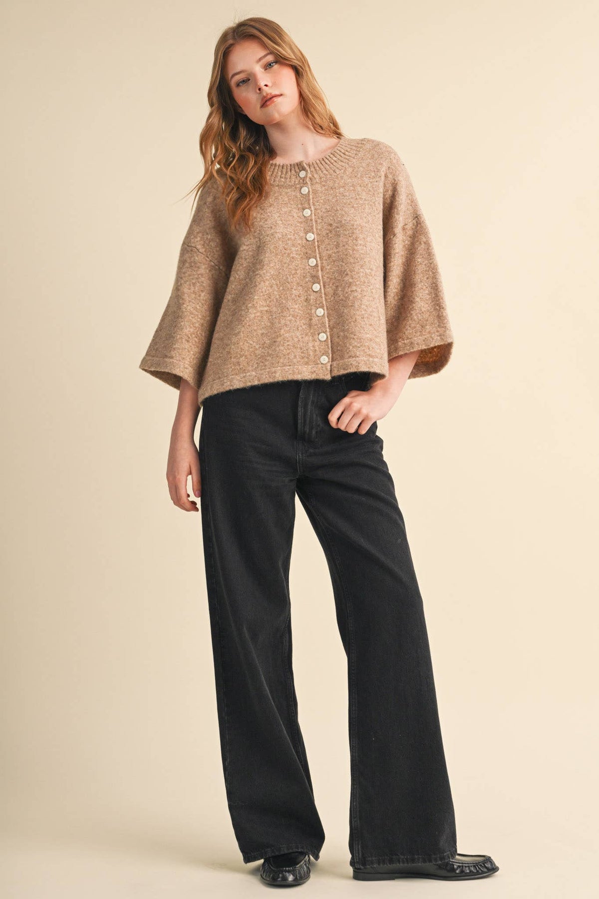 Mocha Brown Wide Sleeve Button Front Knit Cardigan