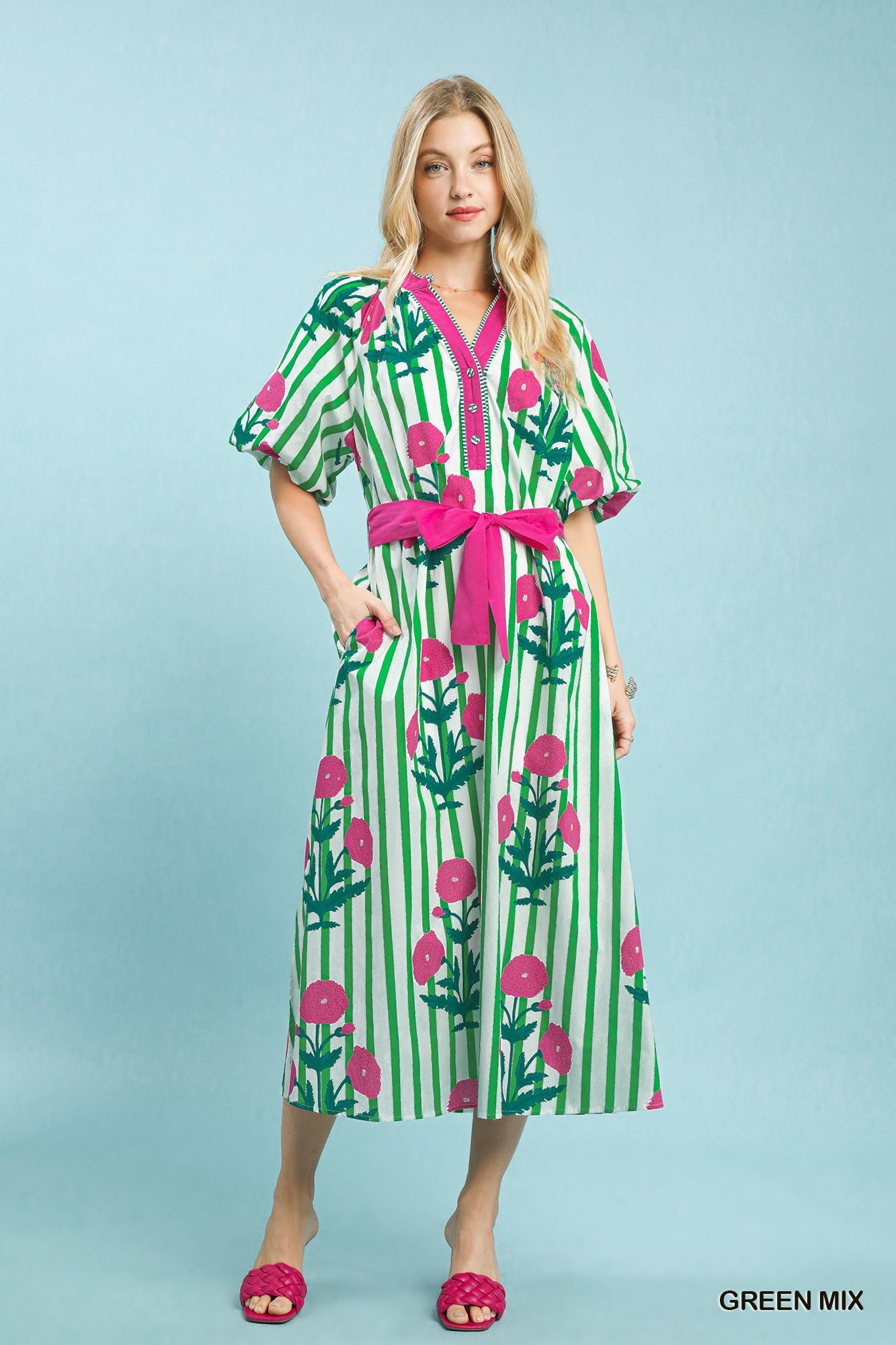 Green & Pink Striped Floral Maxi Dress