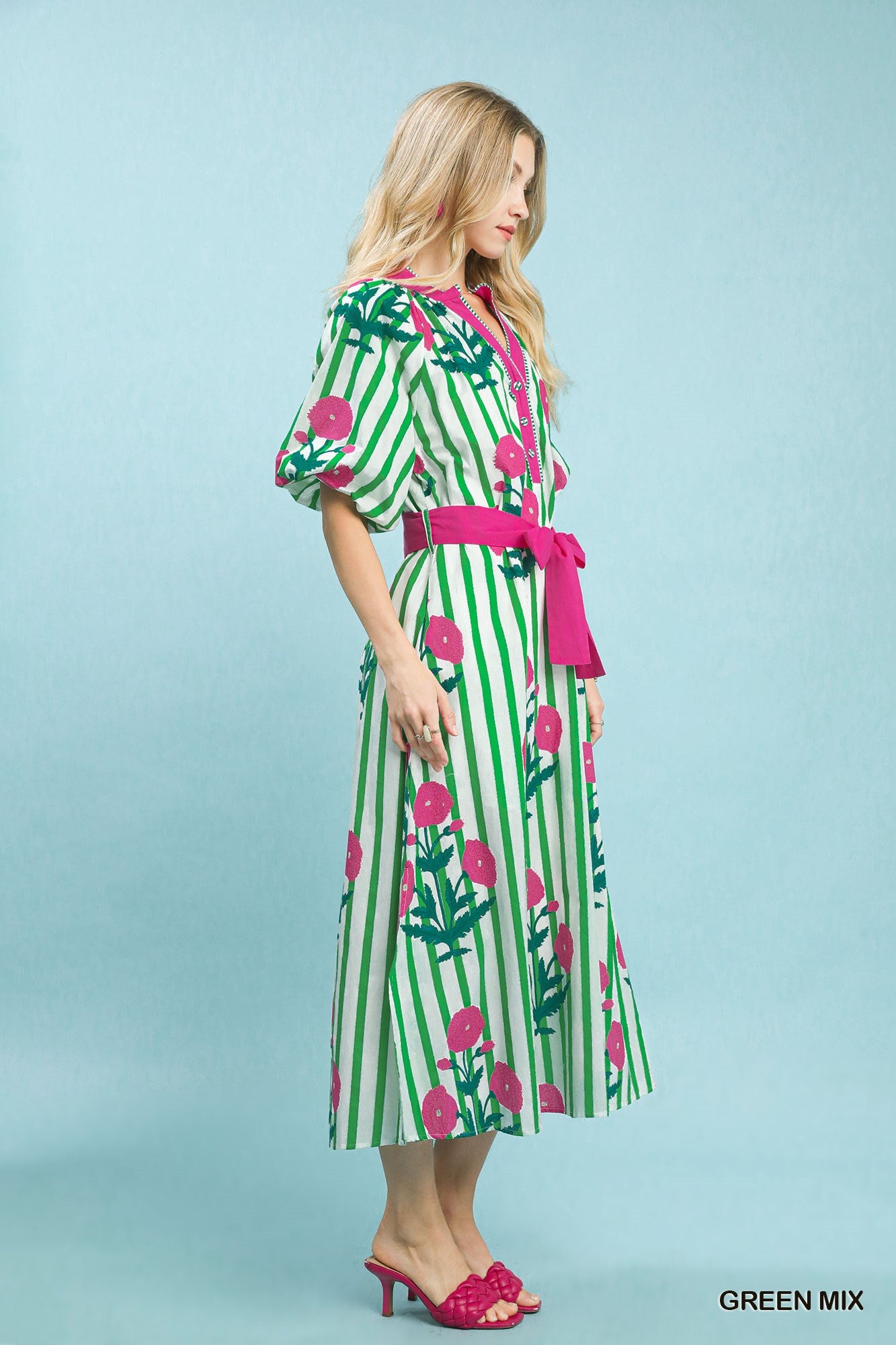 Green & Pink Striped Floral Maxi Dress