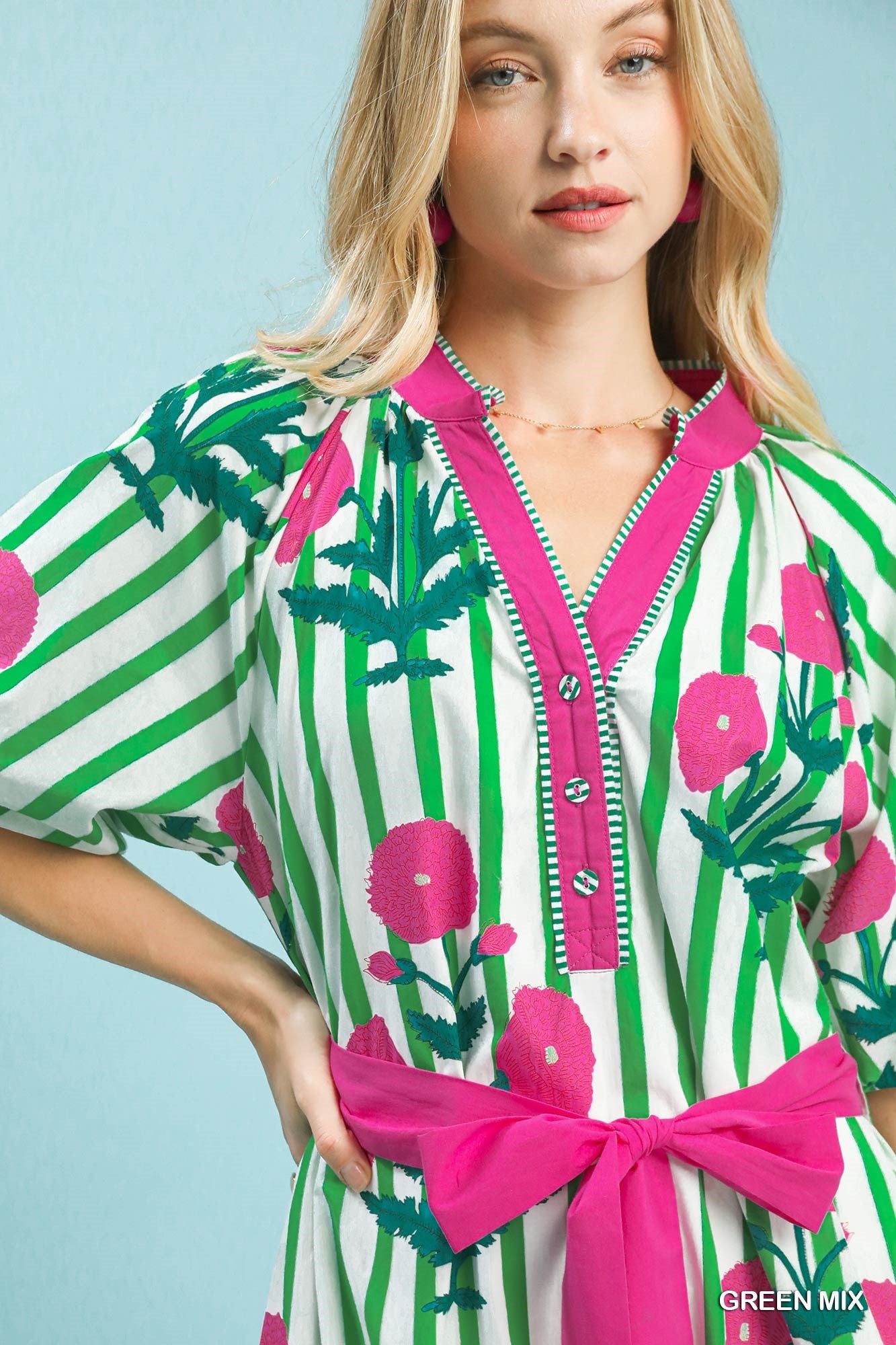 Green & Pink Striped Floral Maxi Dress