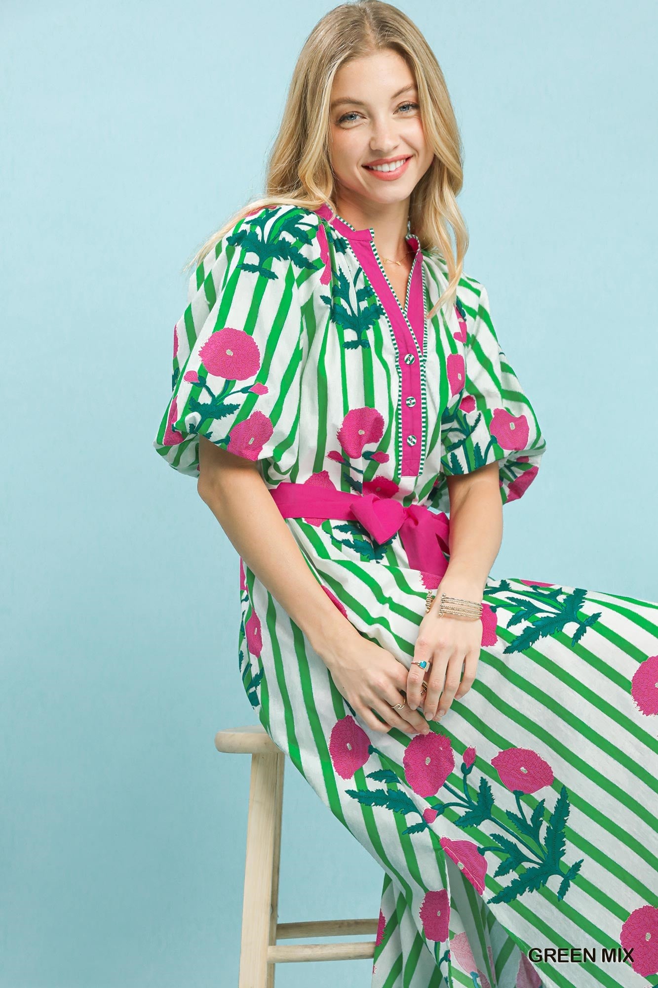 Green & Pink Striped Floral Maxi Dress