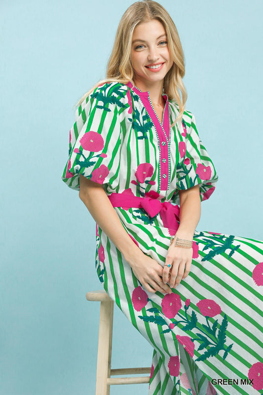 Green & Pink Striped Floral Maxi Dress