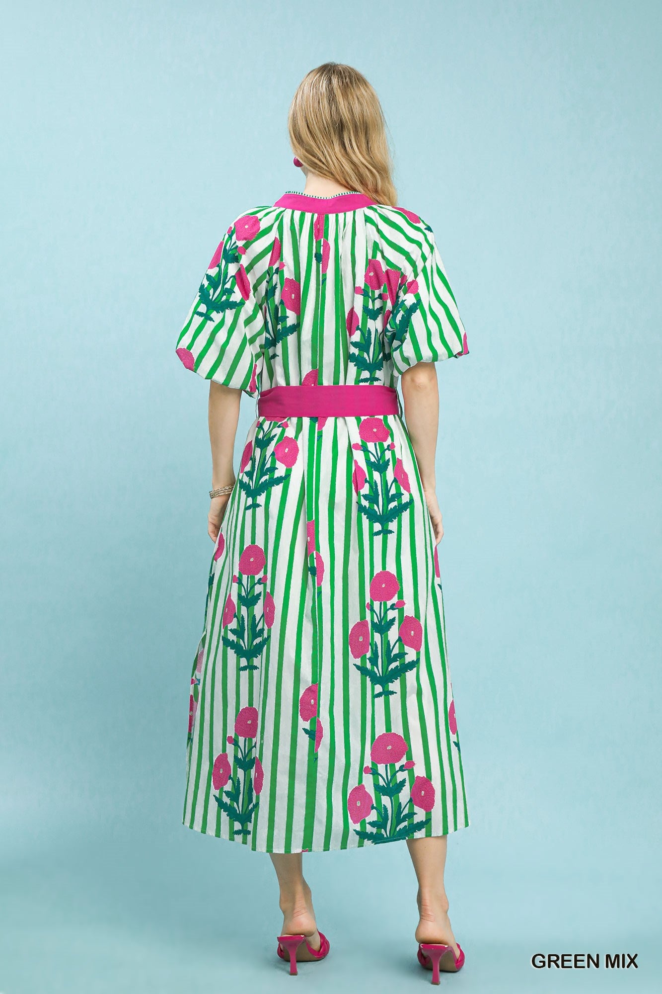 Green & Pink Striped Floral Maxi Dress
