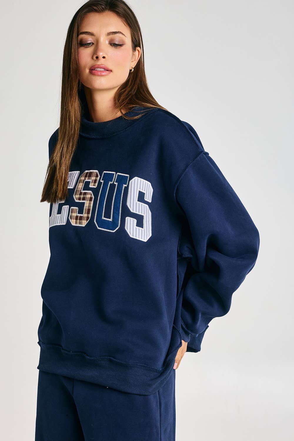 Gray Jesus Embroidered Oversized Mock-neck Sweatshirt