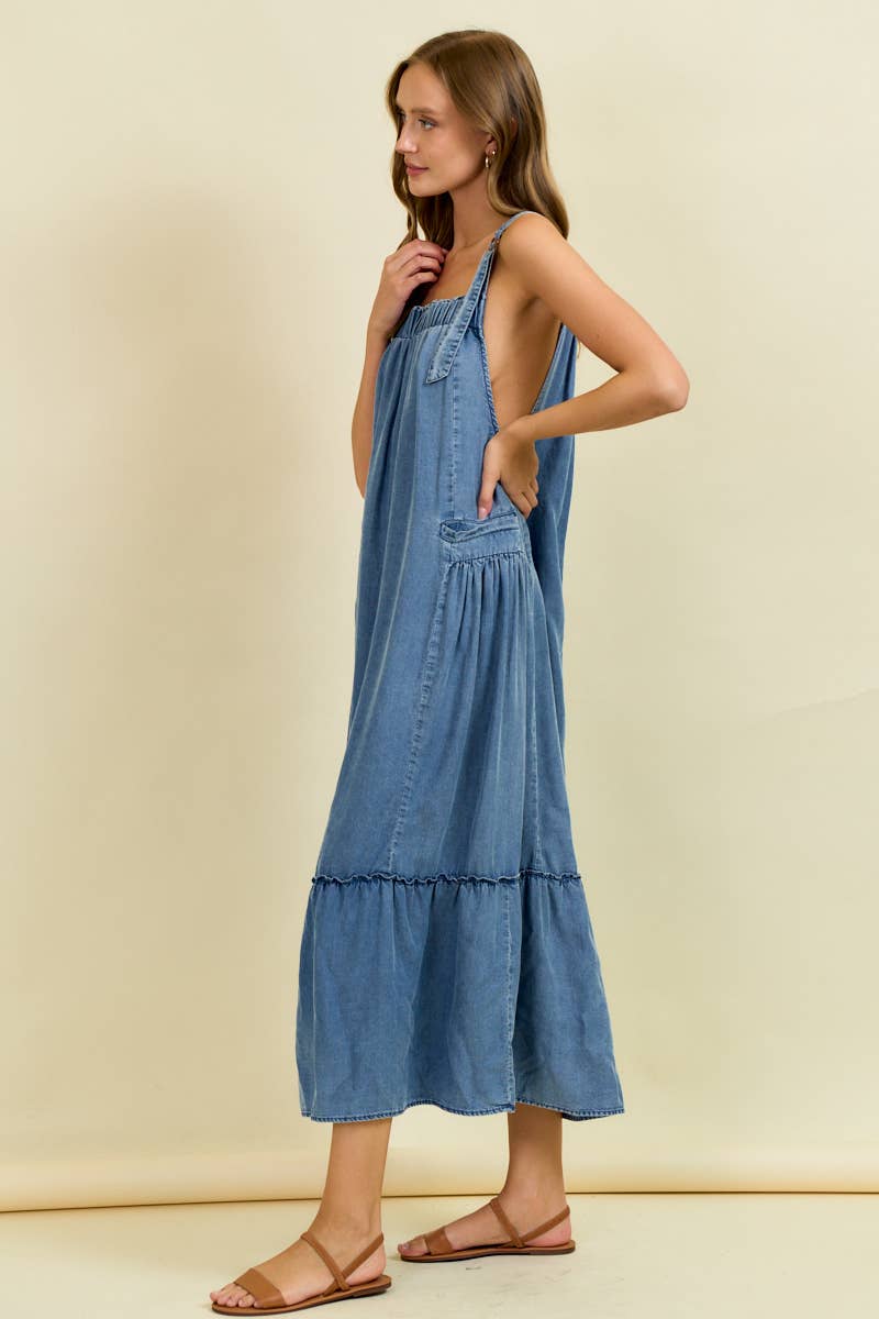 Dark Denim Maxi Overall Dress with Tiered Ruffle Detail