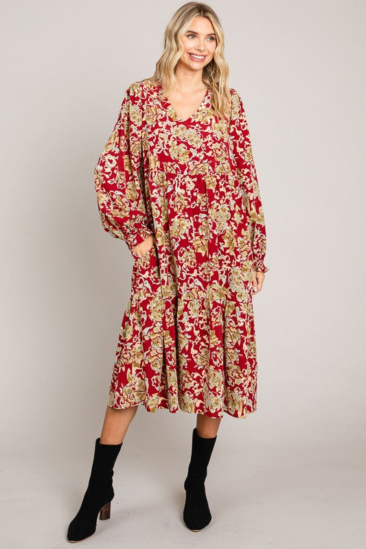 Wine Abstract Print Midi Length Dress