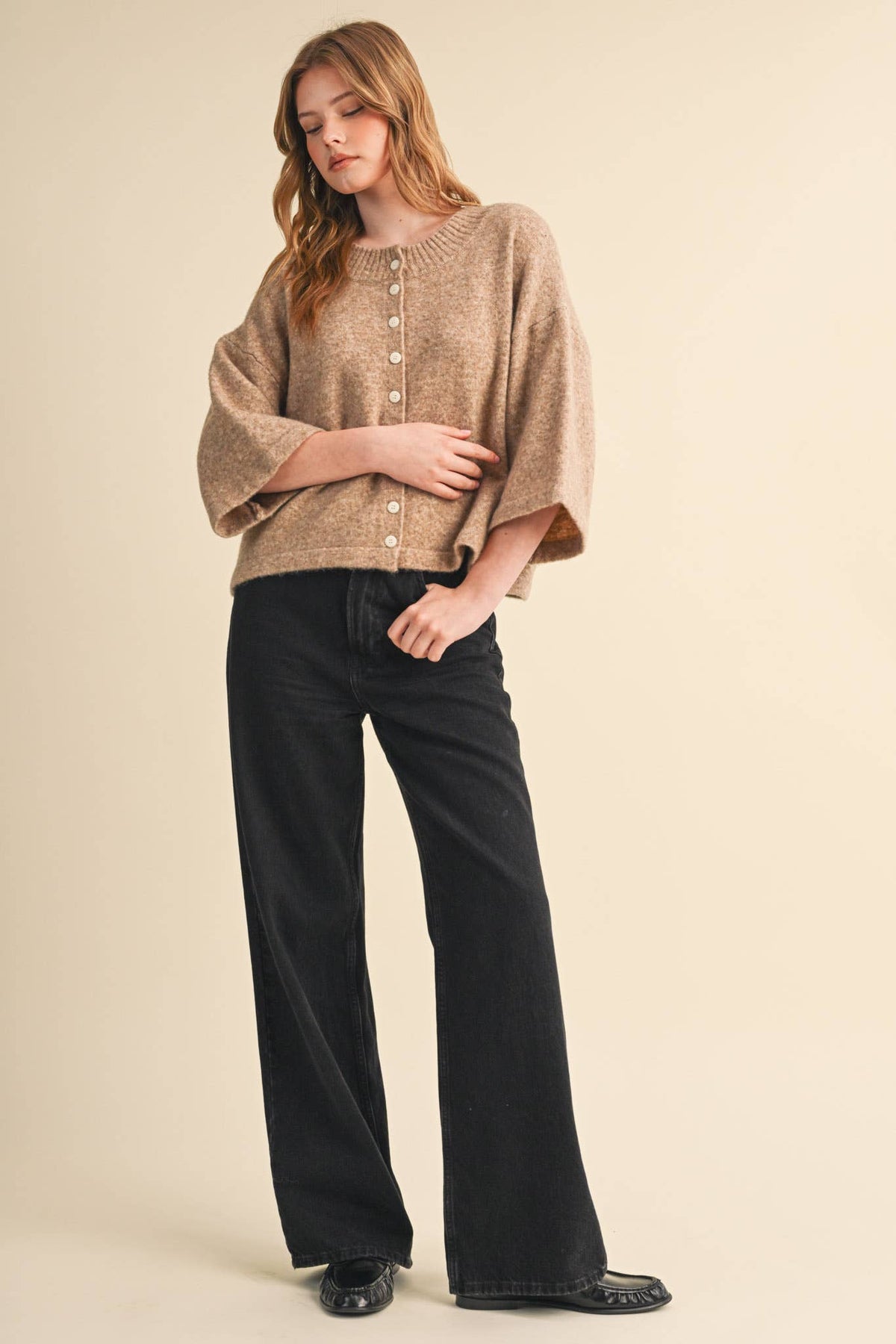 Mocha Brown Wide Sleeve Button Front Knit Cardigan