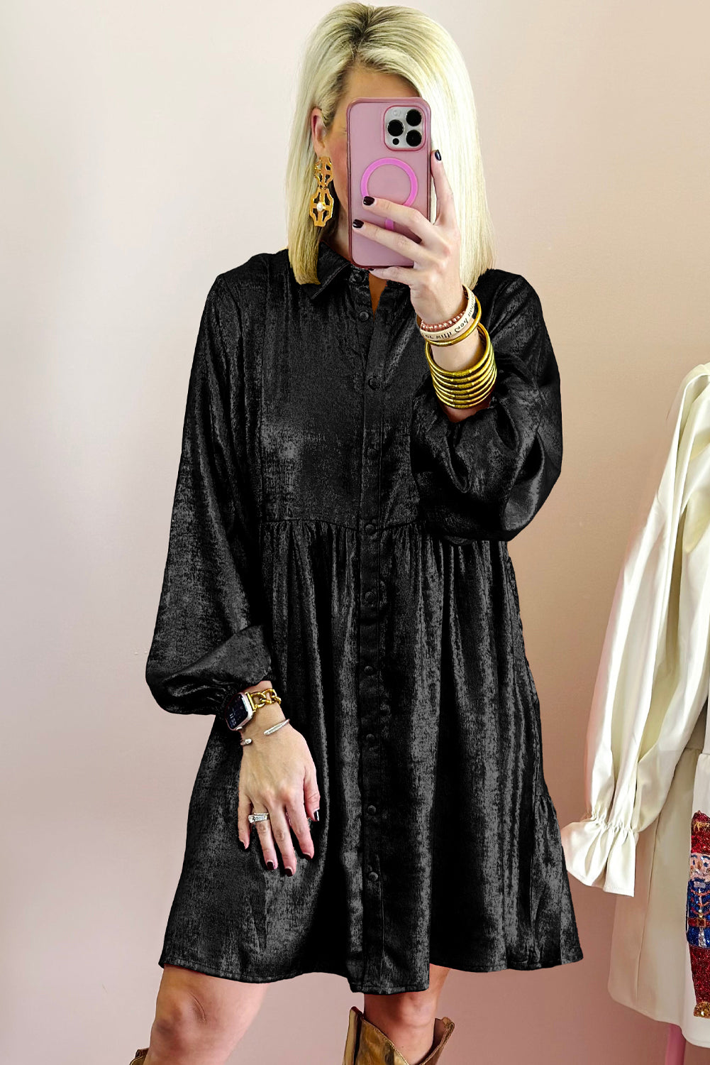 Black Metallic Puff Sleeve Dress