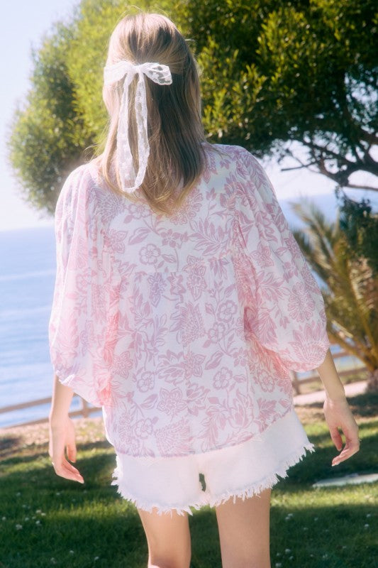 Pink Peony Boho Print Bow Top