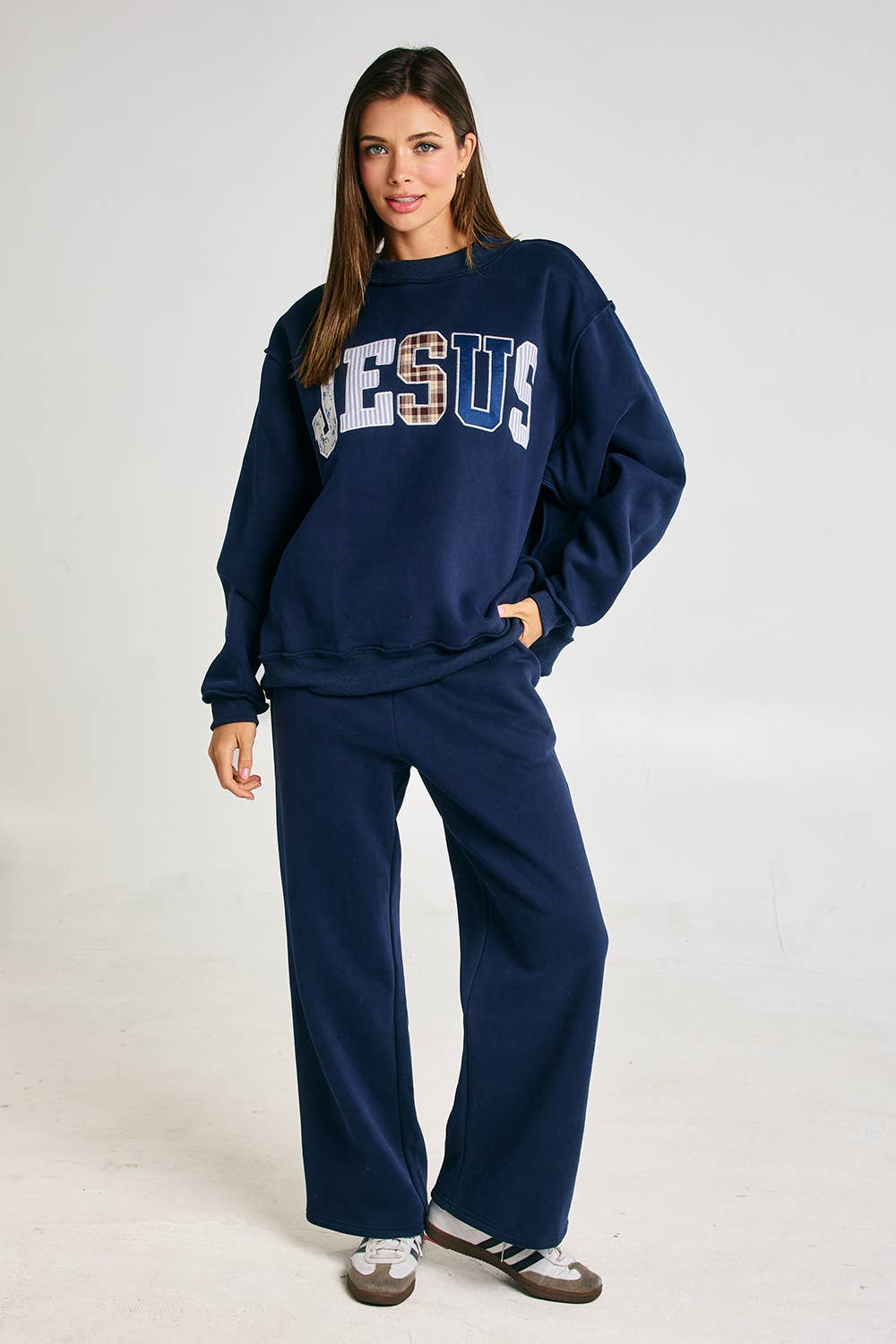Gray Jesus Embroidered Oversized Mock-neck Sweatshirt
