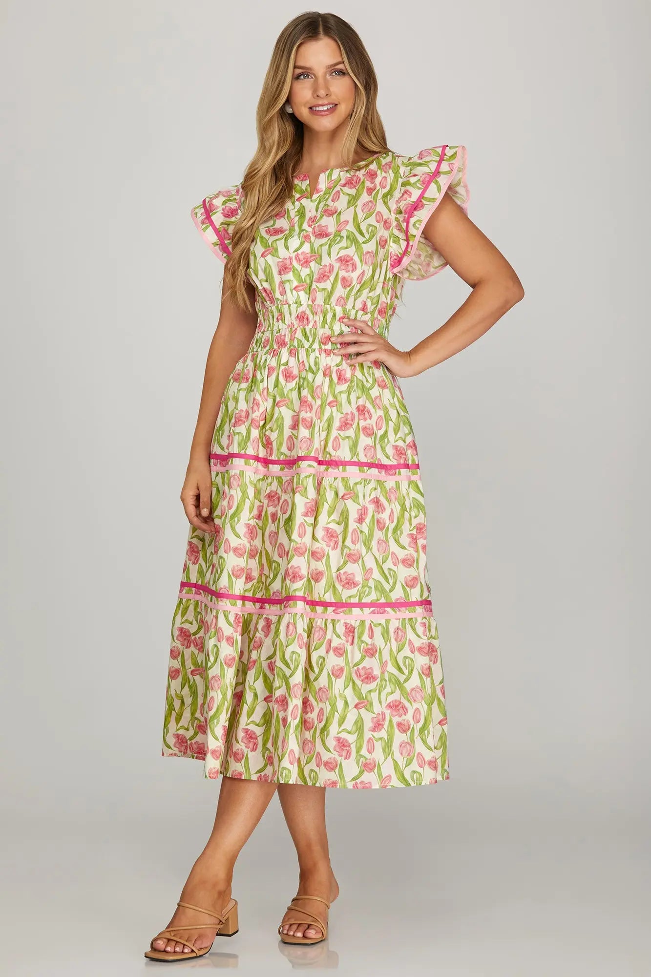 Pink & Green Floral Ruffled Sleeve Tiered Midi Dress